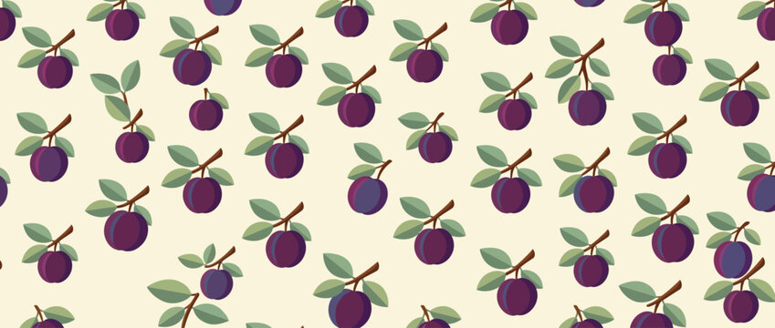 Seamless Pattern of Fresh Purple Plums with Green Leaves