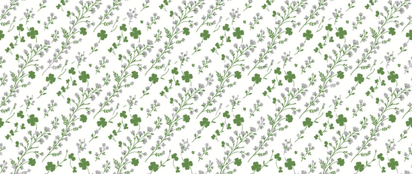 Seamless Pattern of Green Clover and Wildflower Sprigs