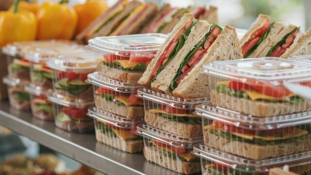 Fresh triangle sandwiches packed in plastic containers on a shelf