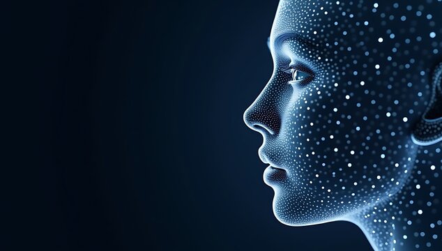 Futuristic digital human face with glowing particles and data points.