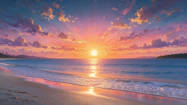 sunset beach shoreline with calm waves and reflective water at golden hour