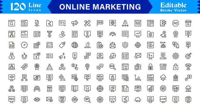 Online marketing icon set digital business, social media and advertising signs search engine optimization, email marketing, target audience, and sales funnel icons