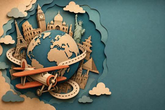 Vintage airplane circling globe with paper cut landmarks