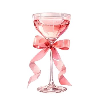 Elegant pink cocktail glass with a ribbon bow, isolated on white background.