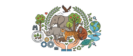 Naklejka premium Diverse Wildlife and Nature Elements Caring Hands Illustration