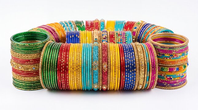 Traditional Indian glass bangles in vibrant colors, colorful ethnic bridal jewelry collection, decorative handmade glass bracelets on white background