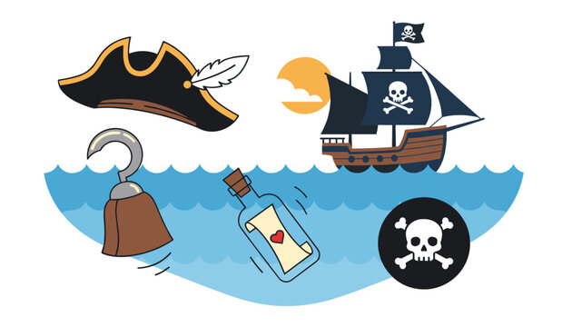 Pirate adventure elements including a sailing ship with black sails, captain hat, hook, message in a bottle, and skull flag.