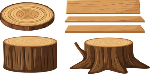 Wood Log and Lumber Collection, Tree Stump Timber Vector Illustration for Forestry Carpentry Construction Design Elements Set © Masum