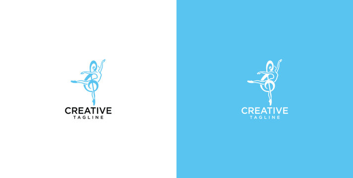 Ballerina dancer logo design with music treble clef note line art vector concept for dance school