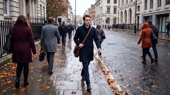 Commuter walks through damp autumn city streets with muted color tones.