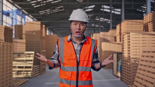 Wondering Asian Male Engineer With Safety Helmet Saying Why Working Doubtfully with Stacked Wooden Pallets