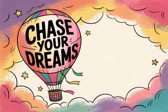 Hot air balloon graphic with chase your dreams text and colorful clouds