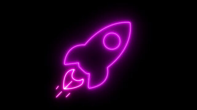 neon pink color rocket launch icon isolated on dark background 