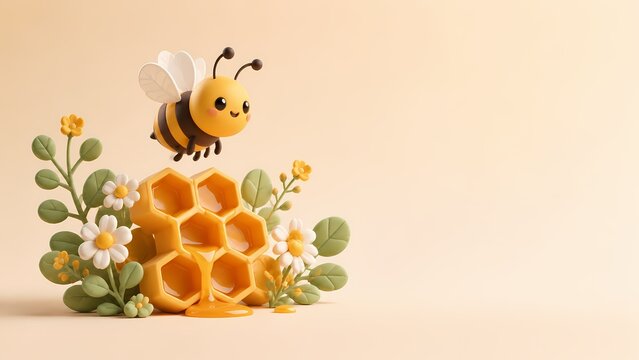 Minimalist 3D illustration of a cute honey bee hovering above a honeycomb structure with tiny flowers and leaves. Soft clay materials and warm colors. Created with Generative AI.