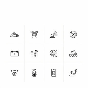 Smart car and autonomous vehicle technology line icon set, featuring self-driving systems, navigation, electric charging, and sensor icons