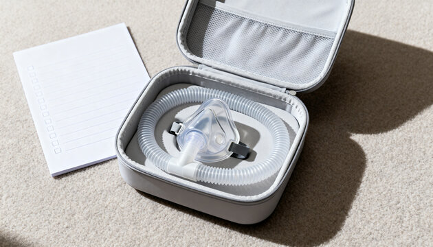 Travel CPAP mask and tubing packed in portable case