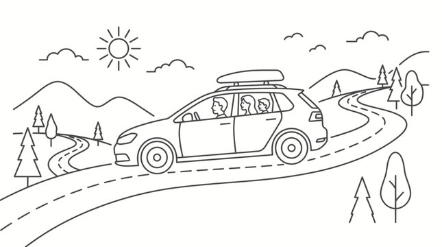 Outline drawing of a family car driving on a road trip.