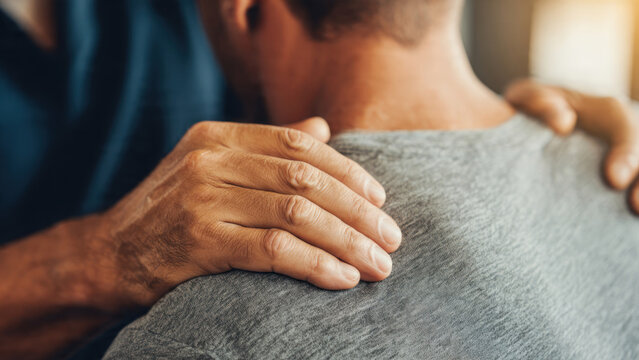 Closeup of a man receiving shoulder massage.