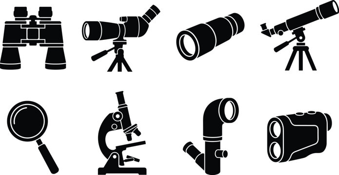 Optical instruments silhouette icon set with binoculars telescope microscope and magnifier