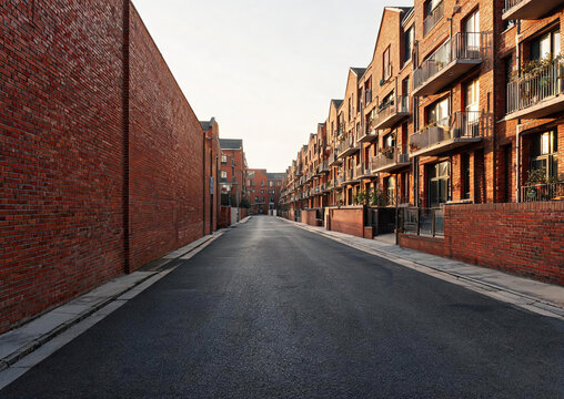 A narrow empty urban road runs between two rows of brick buildings, with balconies on the right, under a pale overcast sky.