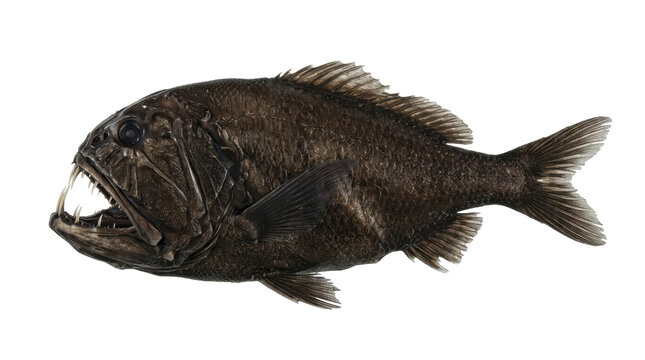 Fangtooth fish specimen studio photography with open mouth and visible teeth on transparent background anglerfish deep sea