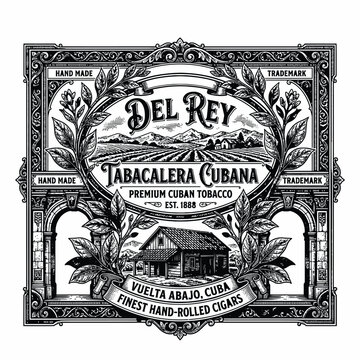 Vintage black and white Cuban cigar label design with ornate border and tobacco field illustration.