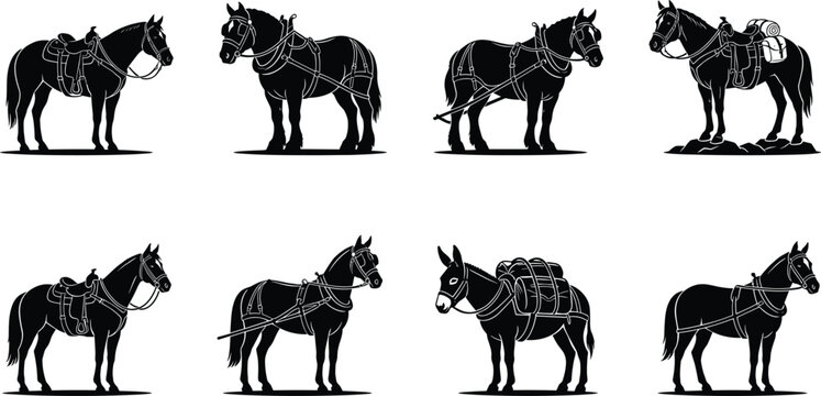 Black vector silhouettes of working horses and pack animals standing on white background