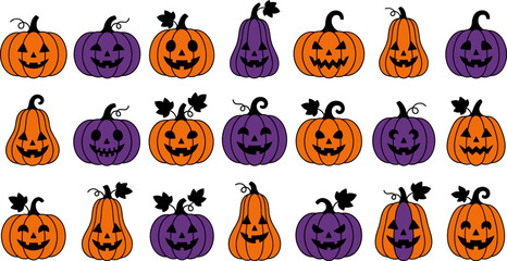 Fototapeta premium Set of various carved halloween pumpkin icons for october 31st celebrations displayed as a collection isolated on transparent background