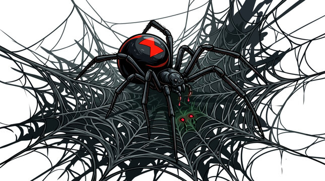 A scary black widow spider with red eyes and hourglass marking sitting in a dark web illustration for Halloween horror concept vector art design