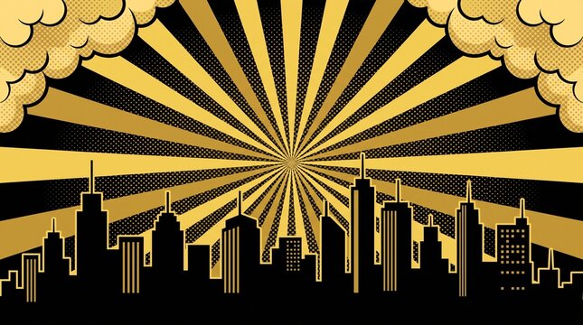 Warm golden downtown skyline with elegant vintage sunburst rays and comic-inspired clouds. Great for corporate presentations, event posters, and creative advertising.