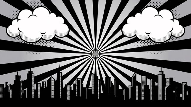 Modern black city skyline with clean radial rays and comic-style clouds. Designed for branding, posters, presentations, and urban-themed creative projects.
