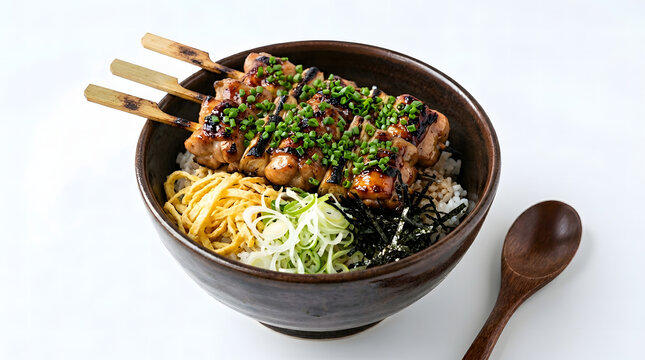 A yakitori donburi rice bowl topped with grilled chicken skewers, egg strips, scallions, and nori.