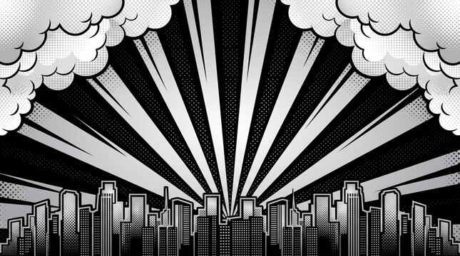 Minimal monochrome urban skyline featuring retro radial rays and clean city silhouettes. Ideal for business graphics, editorial publications, and modern presentations.