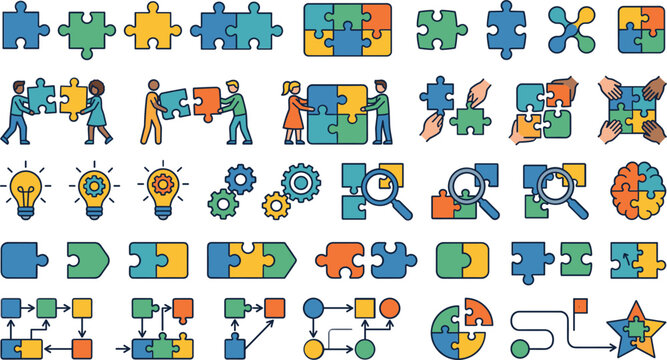 Collection of business puzzle icons, teamwork concepts, strategy steps, and problem solved symbols.Collection of business puzzle icons, teamwork concepts, strategy steps, and problem solved symbols.