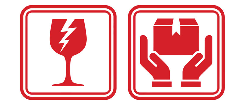 Packaging symbol icon, vector illustration featuring fragile box, handle with care, keep away from water, and shipping care symbols for logistics, delivery, and packaging design.