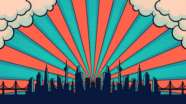 Stylish teal and coral city skyline featuring vintage radial sunburst rays and soft comic clouds. Perfect for urban posters, websites, business presentations, and promotional graphics.