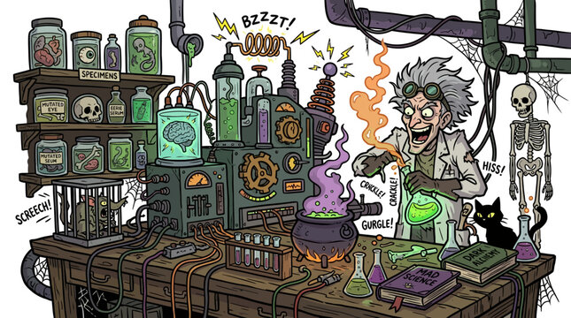 Mad scientist in creepy laboratory conducting experiments. Eccentric researcher working with vintage equipment in a dark, eerie setting.