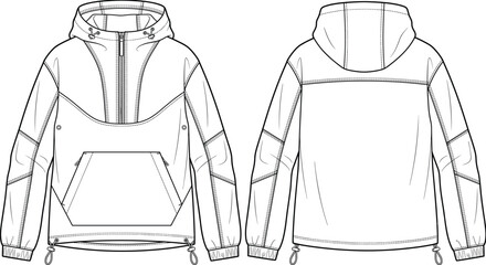 Unisex anorak hooded windbreaker jacket fashion flat sketch vector illustration technical drawing with kangaroo pocket front © Prohllad