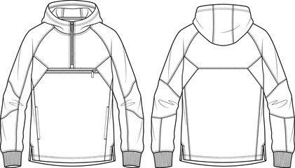 Unisex half zip hooded pullover jacket fashion flat sketch vector illustration technical drawing with front anorak pocket © Prohllad
