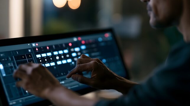 A person s hands interacting with a digital audio workstation interface on a laptop screen in a dimly lit room