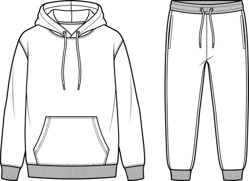 Technical fashion sketch of a casual hoodie and matching sweatpants set for apparel design and production