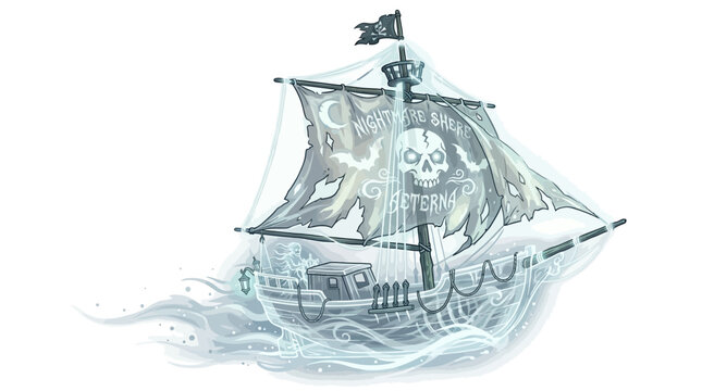 Ghostly pirate ship sailing on misty waves with a skull and crossbones flag and text nightmare shore aeternum illustration