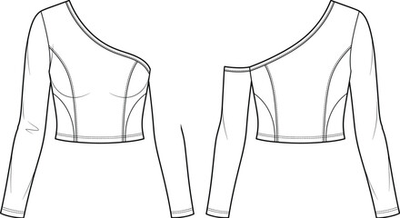 Womens asymmetrical one shoulder long sleeve crop top princess seams fashion flat sketch vector illustration technical drawing front back view © Prohllad