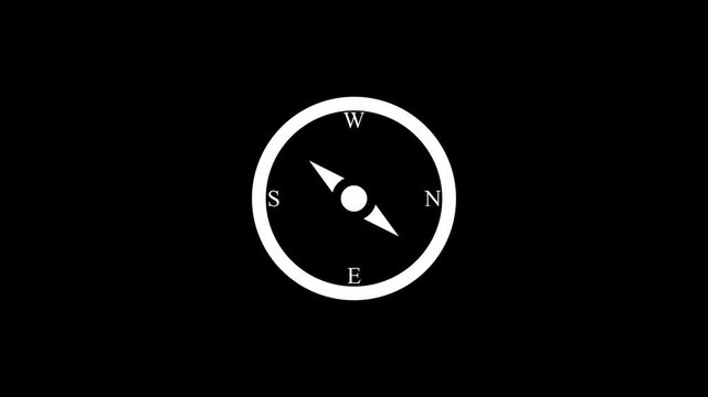 Compass Icon Animation on Black Background. Navigation, GPS, Direction, Travel and Location Symbol Motion Graphics. 4K Video.,,.