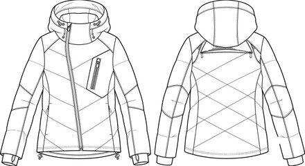 Womens asymmetrical zip hooded ski puffer jacket quilted panels fashion flat sketch vector illustration technical drawing front back view © Prohllad