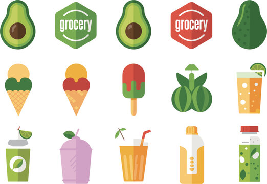 Healthy Grocery and Summer Food Vector Icon Set Featuring Fresh Avocado Watermelon Ice Cream Shakes and Smoothie Beverages for Supermarket App Menu Designs