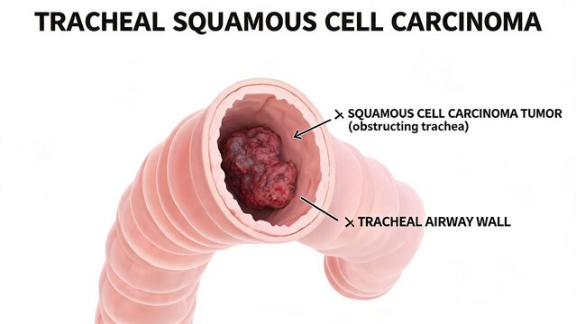 Plain white background labeled 3D anatomical render of tracheal squamous cell carcinoma, front view tracheal lumen with obstructing malignant tumor mass narrowing airway respiratory system pathology i