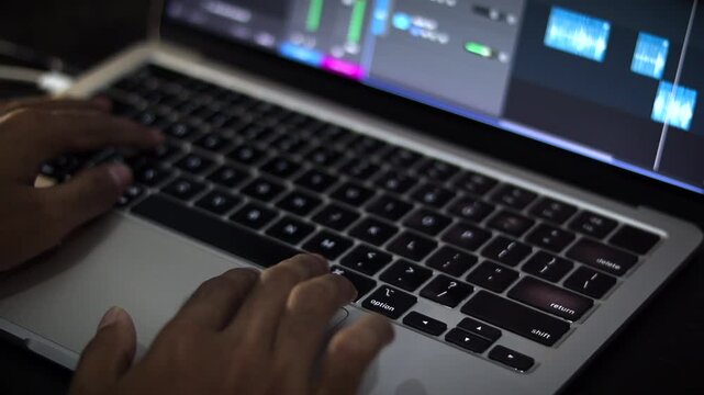 Music Producer Editing Multitrack Audio Project on Laptop Using Digital Audio Workstation