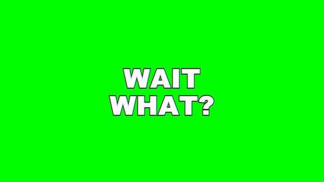 4K green screen WAIT WHAT animated text - an RGB-split glitch stutter, kinetic typography reaction word overlay for video editing and social media, chroma key