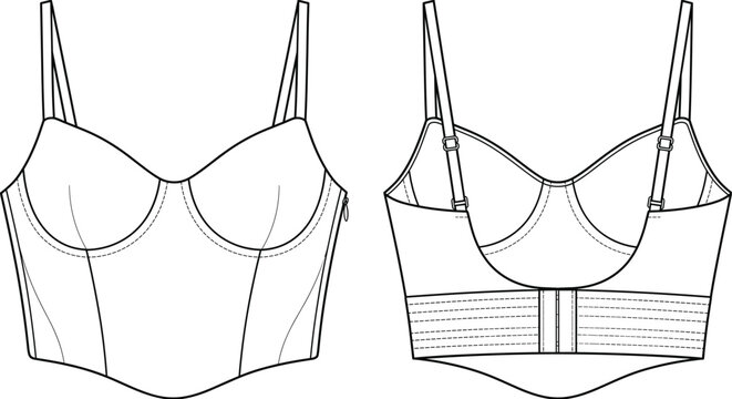 Womens bustier corset crop top fashion flat sketch vector illustration technical drawing with adjustable spaghetti straps side zipper